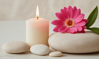 Serene spa elements including a lit candle, smooth stones, and a vibrant pink flower create a tranquil atmosphere.