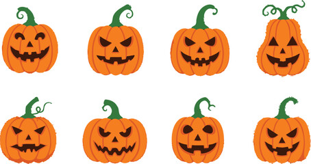Spooky Halloween jack-o'-lantern collection featuring various carved faces for festive decorations