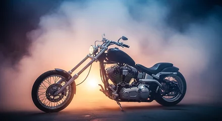 Fotobehang Motorfiets A sleek, custom chopper motorcycle, bathed in a dramatic sunset glow, stands poised against a backdrop of ethereal smoke, showcasing its powerful design.  © Suara