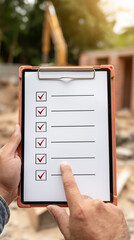 Construction worker using checklist on clipboard at building site