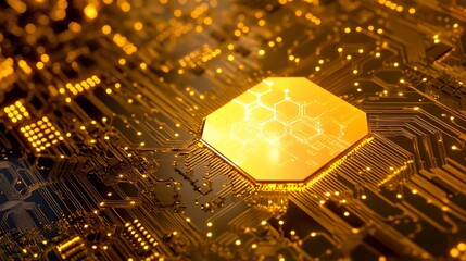 Golden motherboard with a central processor unit and intricate circuit patterns visible throughout