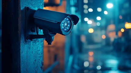 A security camera mounted on a wall with blurred city lights in the background at night time