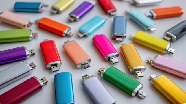 Colorful Variety of USB Flash Drives on a Light Background, Showcasing Different Colors and Designs for Technology Needs