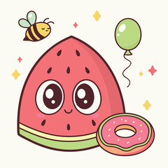 Obraz premium Cute cartoon watermelon slice smiles besides the doughnut with a honeybee and balloon