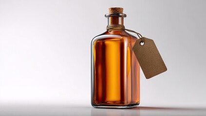 Amber Glass Bottle with Cork and Tag, Liquid Inside, Studio Shot.