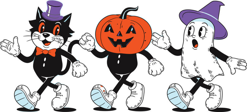Retro Halloween characters dancing joyfully creating festive holiday vibes