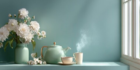 A tranquil still life scene with a bouquet of white flowers a teapot and a steaming cup of tea by a window.