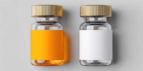 Two small glass vials with golden caps one with orange liquid and one empty on a grey background.