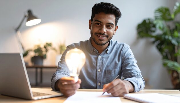 A young man smiles, holding a glowing light bulb at his desk, laptop & papers beside him. Lamp & plant provide a soft, modern backdrop