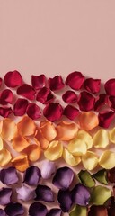 Rainbow gradient of rose petals arranged in rows creating a beautiful floral background.