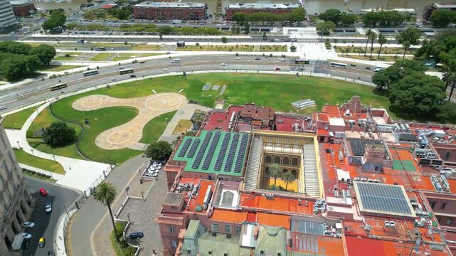 Drone View Above Casa Rosada with Plaza de Mayo Perspective