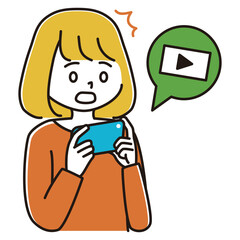 スマホで動画を見て驚く女性のイラスト