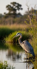 A stately great blue heron stands patiently by a tranquil marsh, its plumage a soft blend of grays and blues, reflecting serene beauty in the still water.