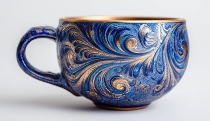 Elegant Blue Ceramic Cup with Swirling Gold Accents, Decorative Design.