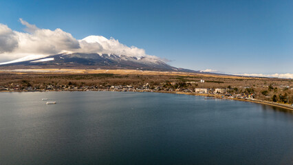 Drone view Fuji mountain and lake Yamanako, Yamanashi Prefecture, Japan