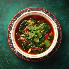 Healthy Spicy Vegetable Soup with Fresh Greens and Chili.