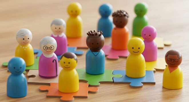 Diverse wooden figures connect on jigsaw pieces, symbolizing teamwork and inclusivity