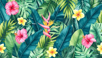 Vibrant tropical foliage pattern with hibiscus, plumeria, and exotic leaves