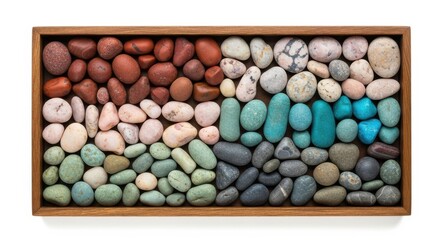 A wooden tray filled with a colorful assortment of smooth, polished river stones in various shades of brown, pink, green, gray, and blue