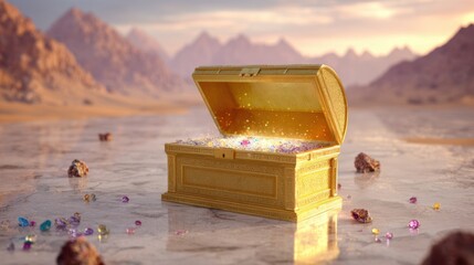 Golden treasure chest overflowing with colorful gems and sparkling jewels in an arid desert landscape at sunset