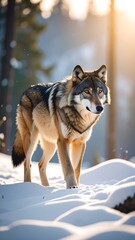Gray wolf in snowy forest, golden light
