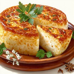 Delicious Cheese Pie Freshly Baked with Herbs and Garnish