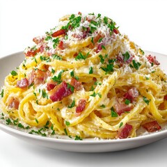 Creamy Pasta Dish with Bacon and Fresh Parsley Garnish