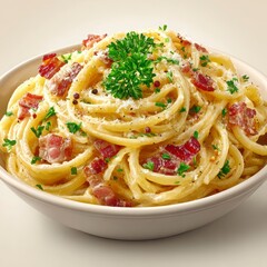 Creamy Spaghetti Carbonara with Bacon and Parsley Garnish