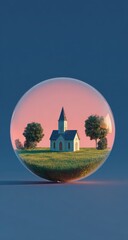 Idyllic church scene enclosed in a transparent bubble at sunset.