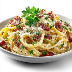 Creamy Spaghetti Dish with Bacon Bits and Fresh Parsley Garnish