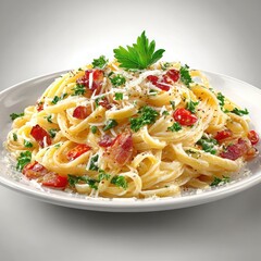 Delicious Creamy Pasta Dish with Bacon and Fresh Herbs Garnish