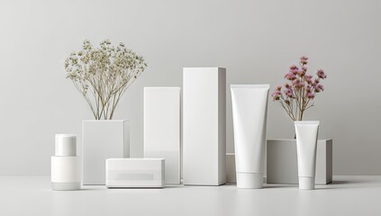 Minimalist cosmetic product display with dried flowers elegant skincare presentation.