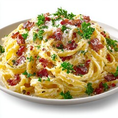 Creamy Spaghetti with Bacon and Parsley Garnish in White Plate