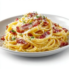 Creamy Spaghetti with Bacon and Parmesan Cheese on a White Plate