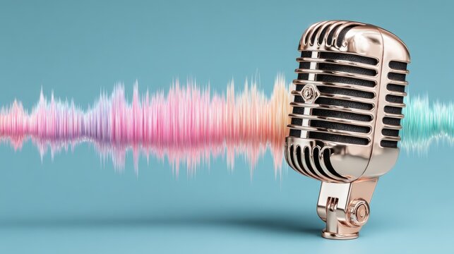 Retro microphone with colorful audio waves