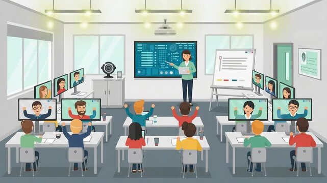 Modern Hybrid Classroom with Teacher and Students Learning Online