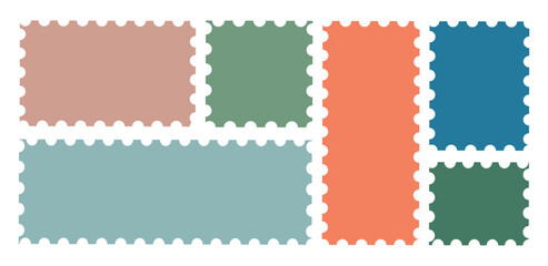 Colorful Postage stamp set. Post stamp frames and borders. Zigzag edge and scallop edge. Rectangle shape with zigzag edges. Vector illustration.	