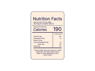 Nutrition facts label template design in clean vector format displaying ingredient breakdown including calories, fats, and daily values for health-conscious product packaging