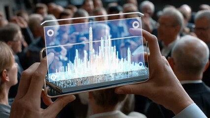 Digital Insights: A person's hand grips a sleek, futuristic tablet that displays an animated graph, hinting at technological progress and data analysis in a crowd of people. - Powered by Adobe