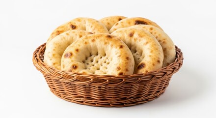 Freshly baked flatbreads in a woven basket, isolated on white background