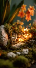 Enchanted miniature forest scene with a tiny deer figurine and magical glowing lights.