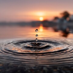 Droplet of Water Falling into Calm Lake at Sunset with Reflection