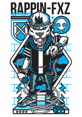 Cartoonish Rapper Character in Hip-Hop Style with Microphone and Chain.