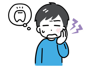 歯が痛い私服の若い男性(上半身・正面)