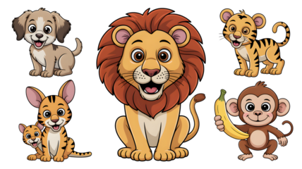 Adorable cartoon lion, tiger cubs, puppy, and monkey characters ready for fun and playful designs