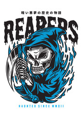 Skull Reaper in Blue Cloak Holding Scythe Graphic Design.