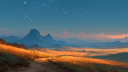 Serene Landscape with Rolling Hills and Starry Night Sky