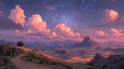 Serene Landscape Under Starry Night Sky with Majestic Mountains