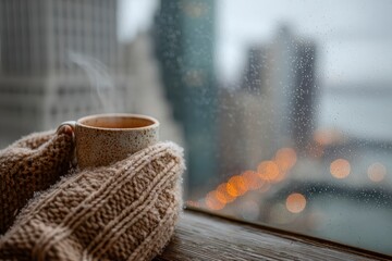 Cozy Coffee with Warm Mittens by the Rainy Window in Urban Setting