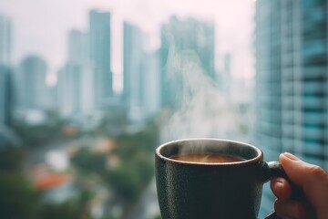 Hand Holding Coffee Mug with Steaming Beverage in Cityscape Background
